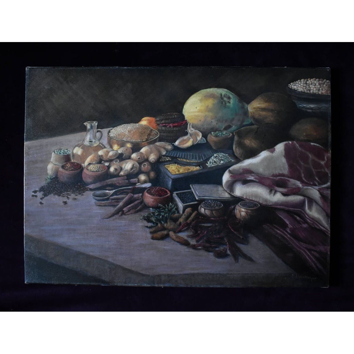 Original oil painting by Erwin Mistlberger depicting a still life with spices, roots and exotics fruits for sale at Winckelmann Gallery