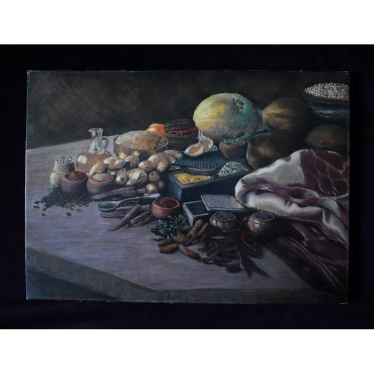 Original oil painting by Erwin Mistlberger depicting a still life with spices, roots and exotics fruits for sale at Winckelmann Gallery