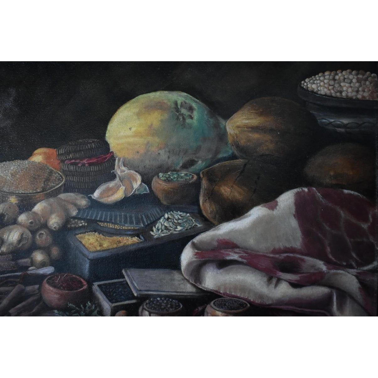 Original oil painting by Erwin Mistlberger depicting a still life with spices, roots and exotics fruits for sale at Winckelmann Gallery