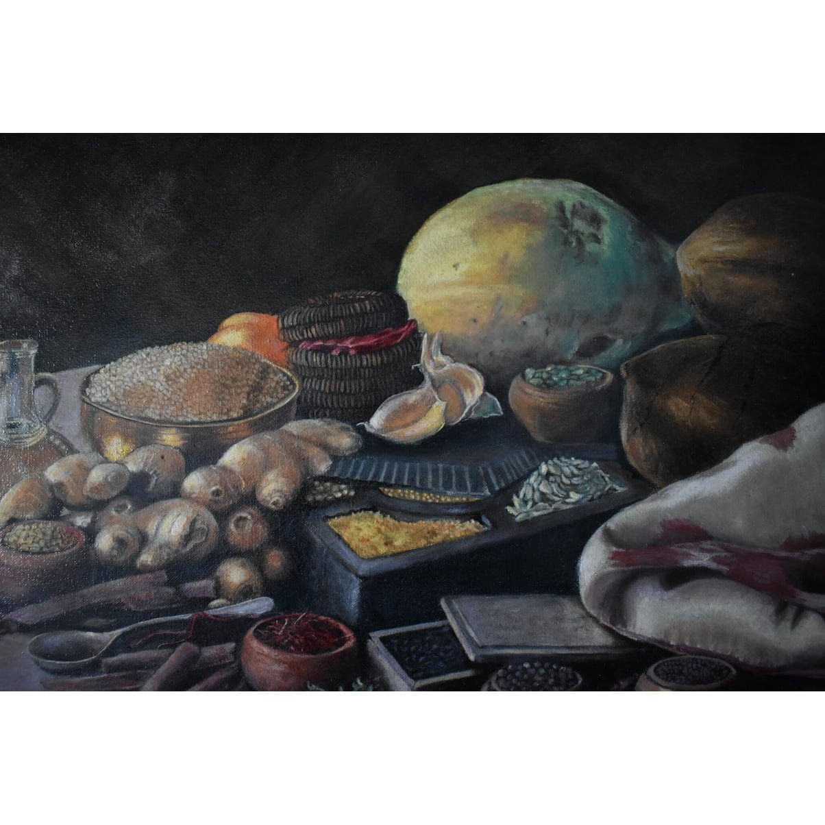 Original oil painting by Erwin Mistlberger depicting a still life with spices, roots and exotics fruits for sale at Winckelmann Gallery