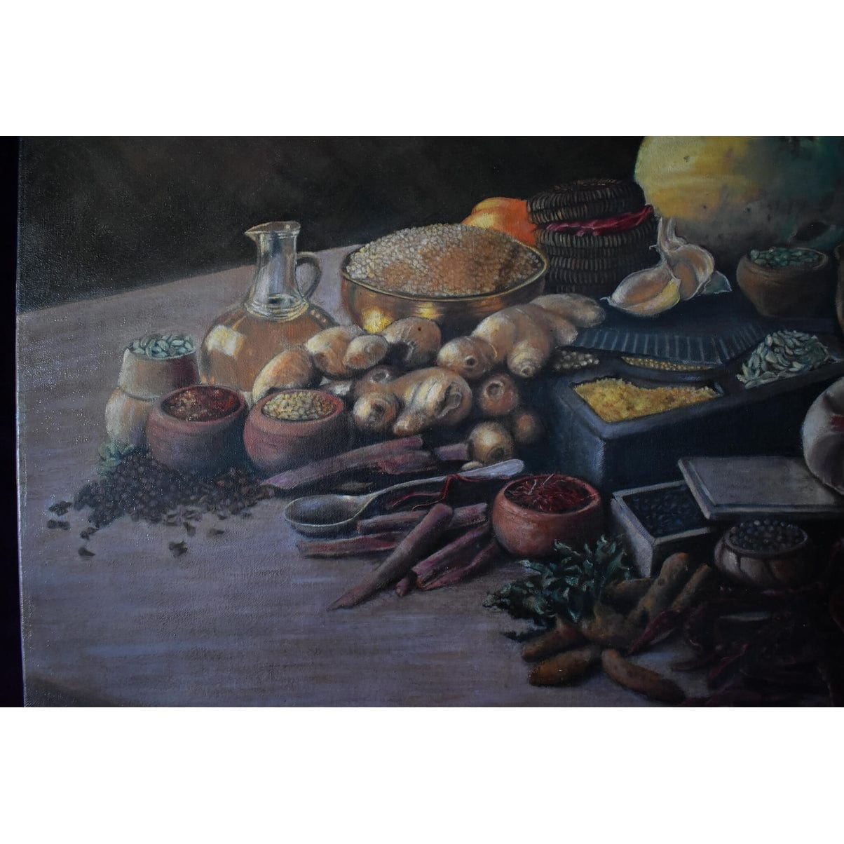 Original oil painting by Erwin Mistlberger depicting a still life with spices, roots and exotics fruits for sale at Winckelmann Gallery
