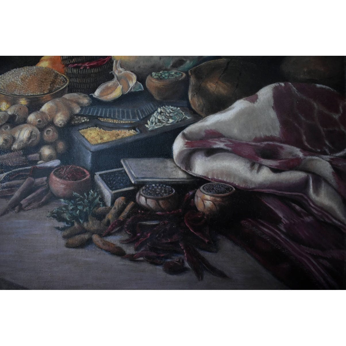 Original oil painting by Erwin Mistlberger depicting a still life with spices, roots and exotics fruits for sale at Winckelmann Gallery