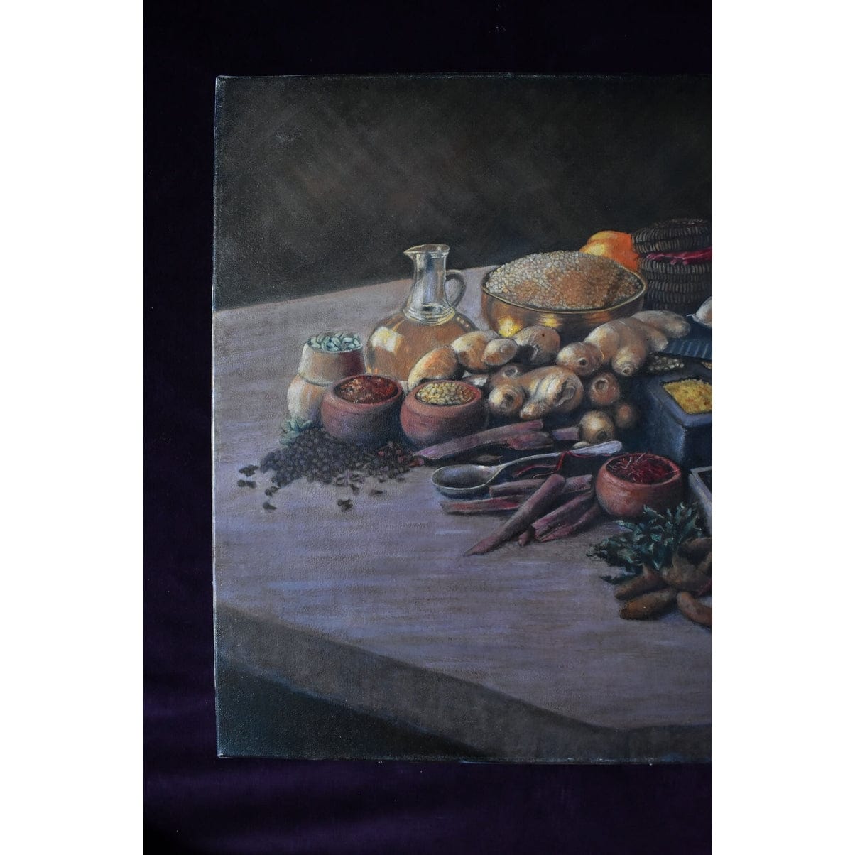 Original oil painting by Erwin Mistlberger depicting a still life with spices, roots and exotics fruits for sale at Winckelmann Gallery