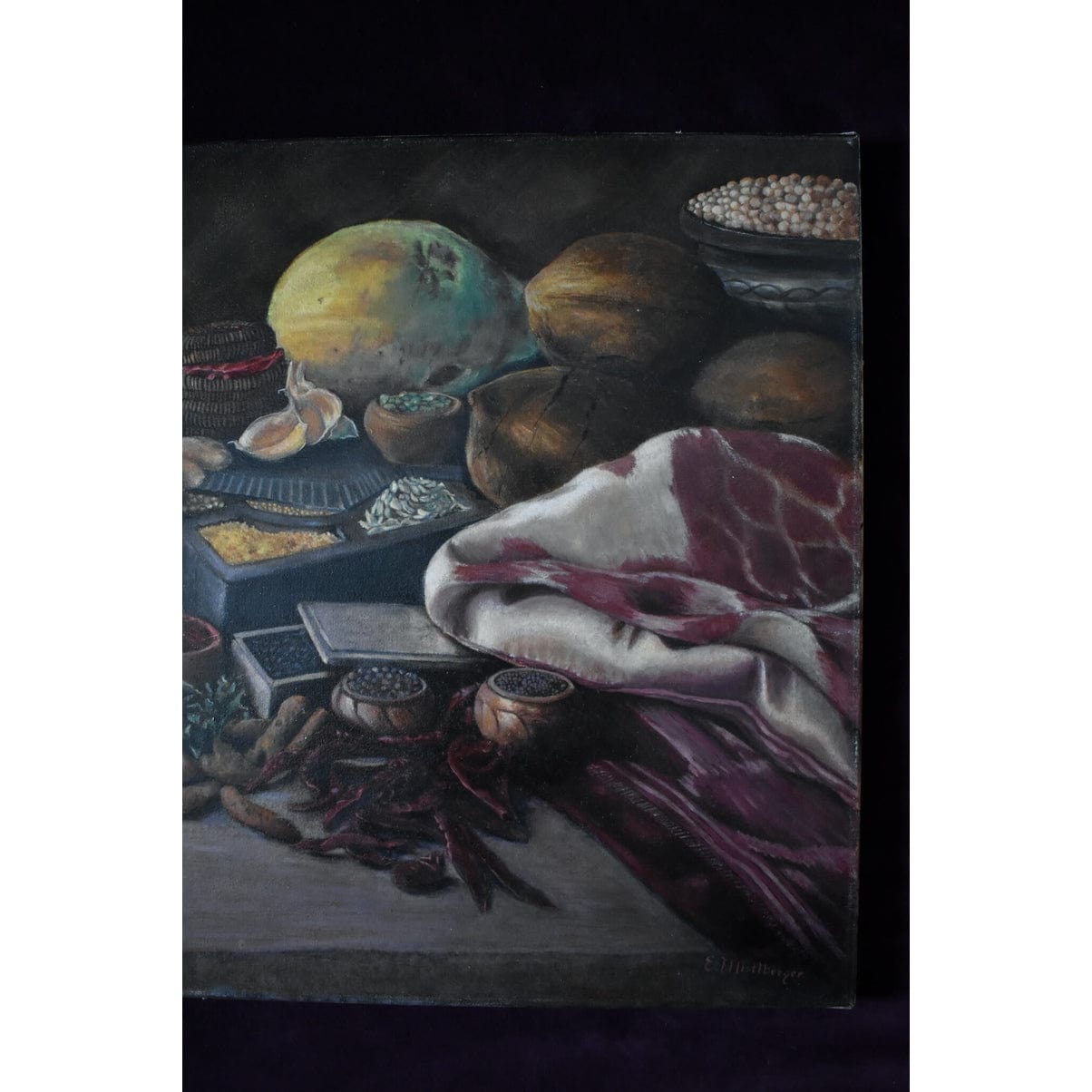Original oil painting by Erwin Mistlberger depicting a still life with spices, roots and exotics fruits for sale at Winckelmann Gallery