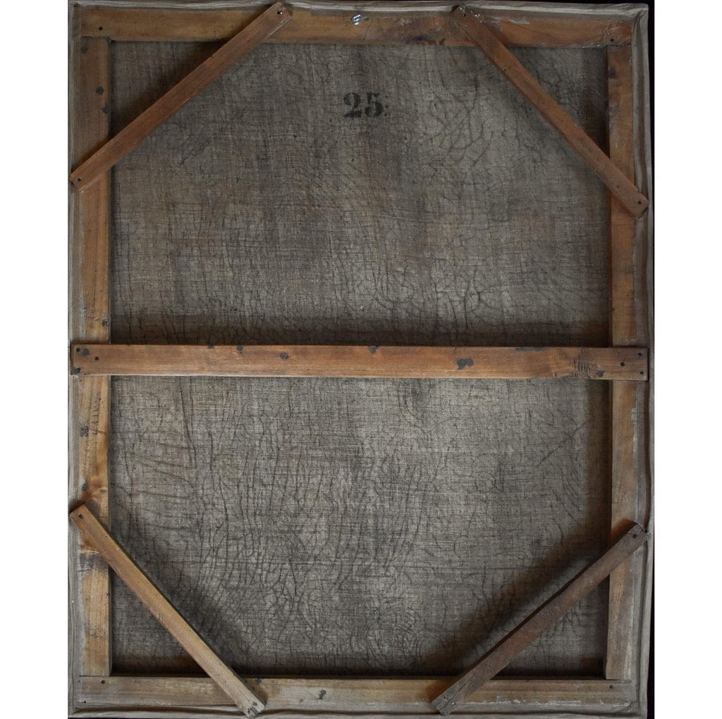 Verso back of Franz Sterrer 1863 painting showing canvas and stretcher

