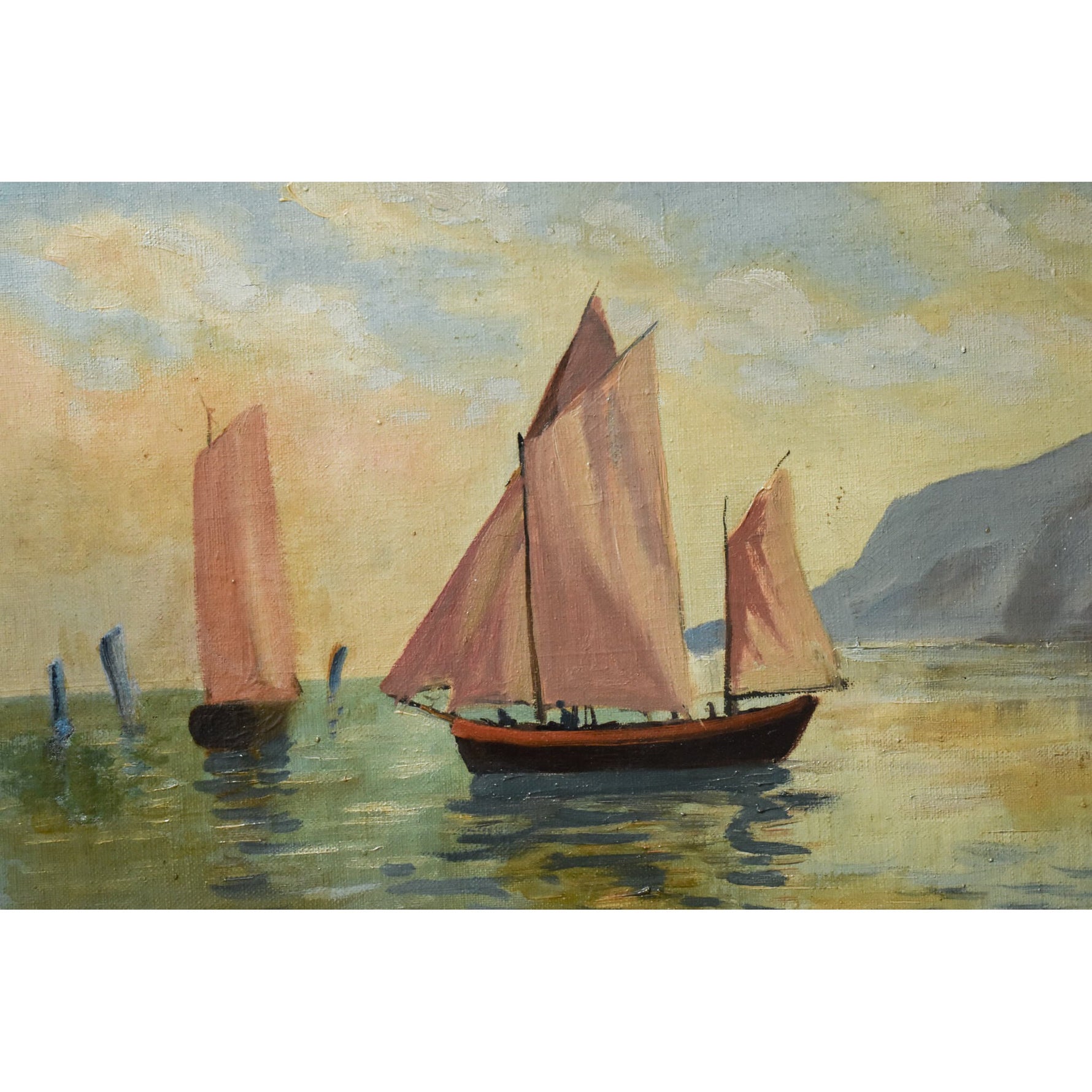 Vintage landscape oil painting to be restored coastal scene with fishing boats in Normandy for sale at Winckelmann Gallery
