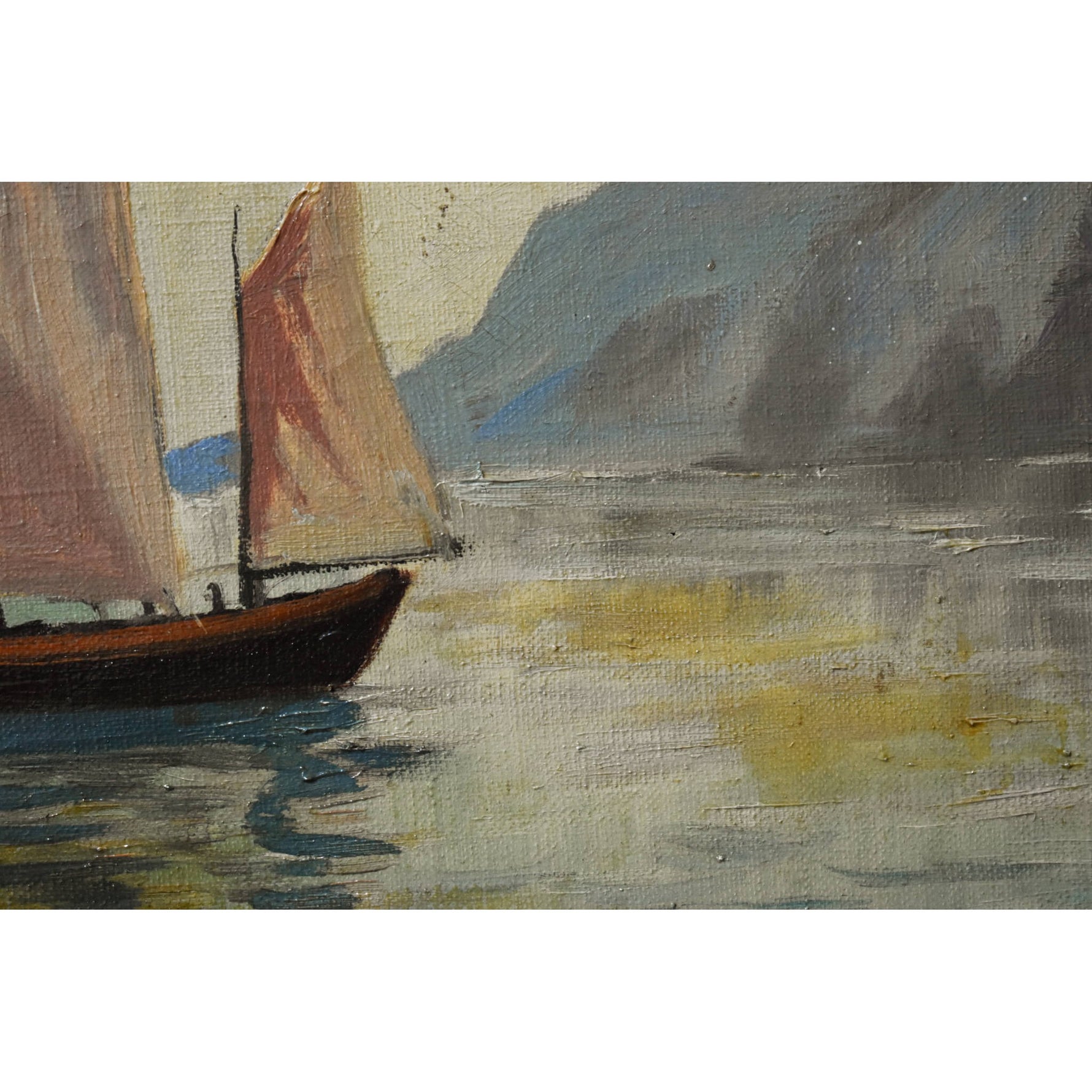 Vintage landscape oil painting to be restored coastal scene with fishing boats in Normandy for sale at Winckelmann Gallery