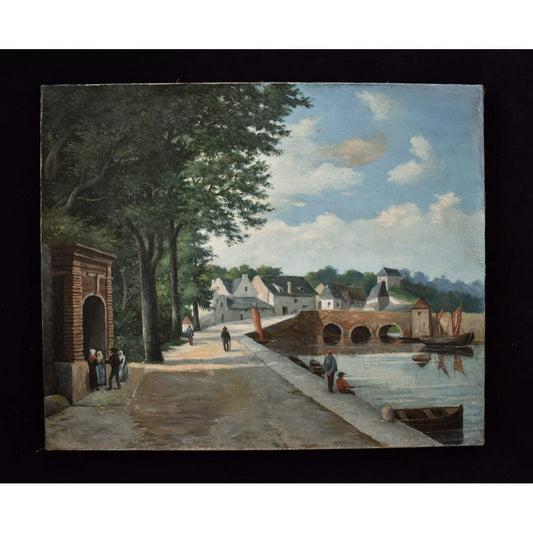 French School 19th century original oil painting riverside village scene with bridge boats figures period artwork