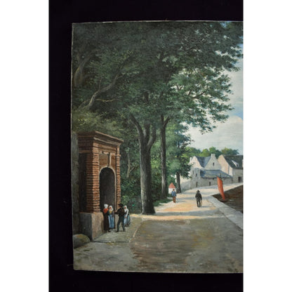French School 19th century original oil painting riverside village scene with bridge boats figures period artwork