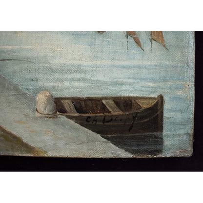 French School 19th century original oil painting riverside village scene with bridge boats figures period artwork