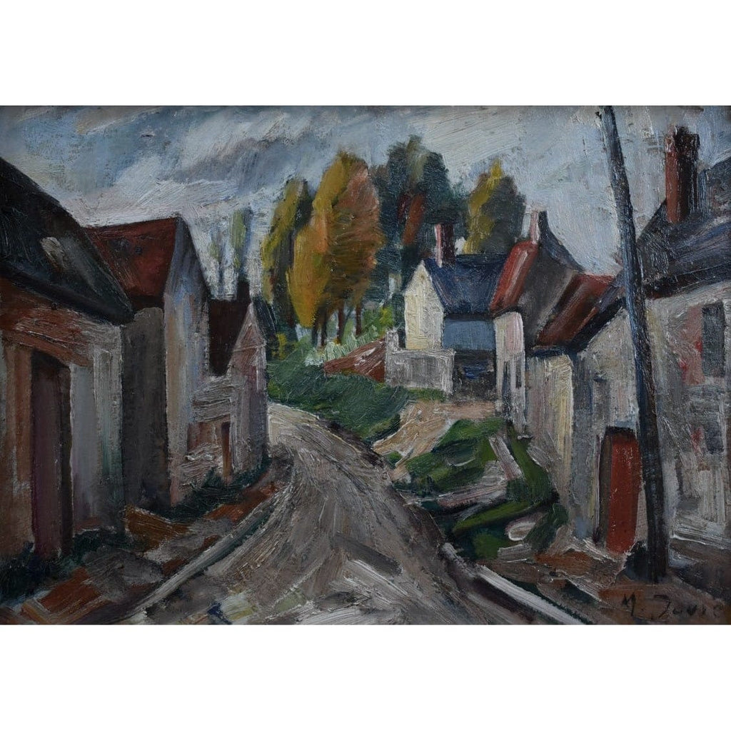 Close-up detail of winding road and rustic houses Davic 1930s
