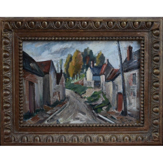 Framed oil painting of a French village scene by M. Davic in Post-Impressionist style, for sale at Winckelmann Gallery.
