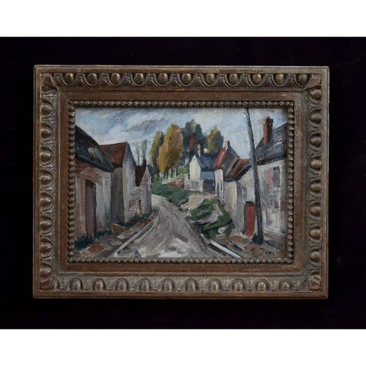 Framed oil painting of a French village scene by M. Davic in Post-Impressionist style, for sale at Winckelmann Gallery.