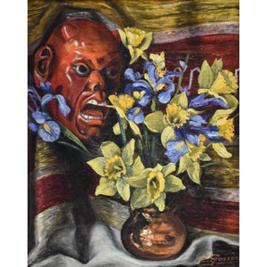 Gassée oil painting still life with flowers and a devil mask Winckelmann Gallery