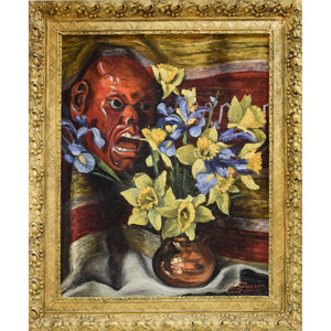 Gassée oil painting still life with flowers and a devil mask Winckelmann Gallery