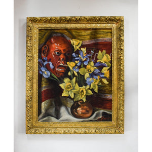 Gassée oil painting still life with flowers and a devil mask Winckelmann Gallery