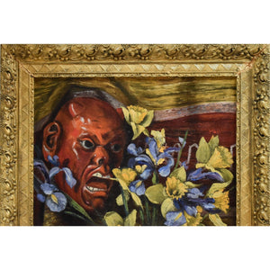 Gassée oil painting still life with flowers and a devil mask Winckelmann Gallery