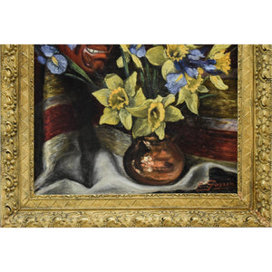 Gassée oil painting still life with flowers and a devil mask Winckelmann Gallery