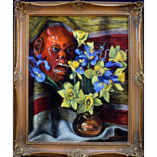 E. Gassée 1950s Belgian oil painting still life with red devil mask, blue irises, yellow daffodils in ornate gold baroque frame