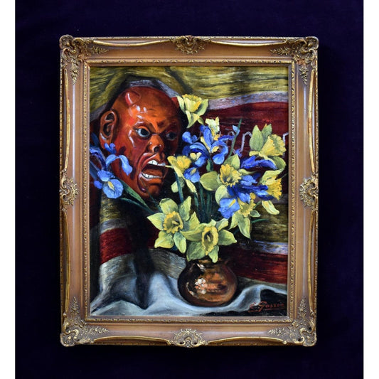 E. Gassée 1950s Belgian oil painting still life with red devil mask, blue irises, yellow daffodils in ornate gold baroque frame