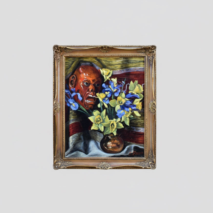 Gassée Belgian still life with theatrical devil mask and flowers 1950
