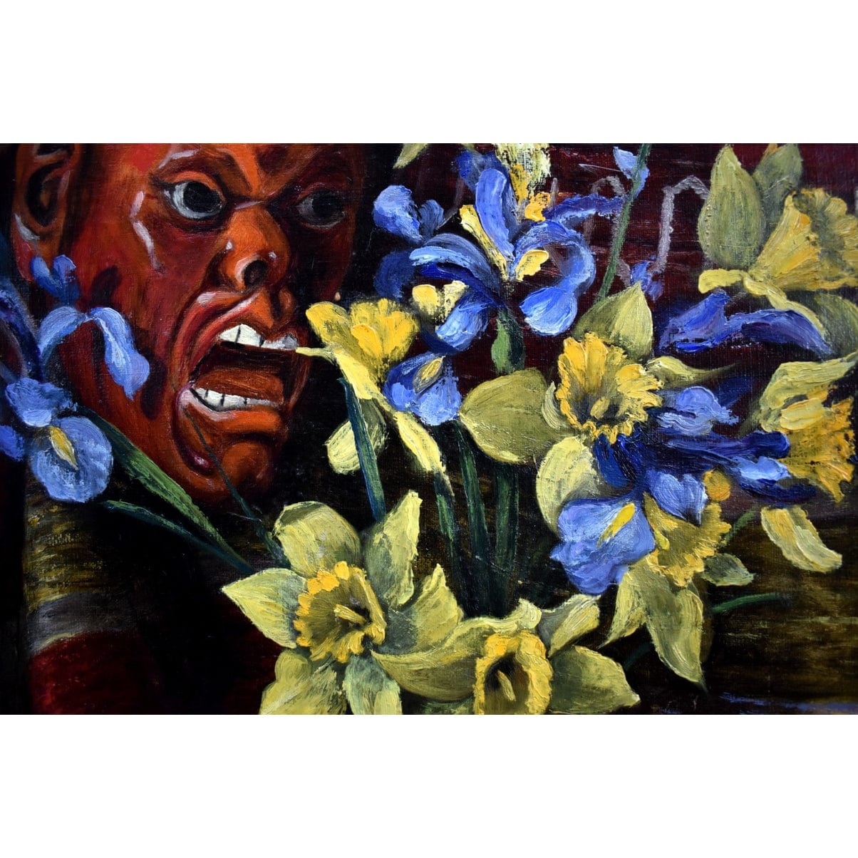 E. Gassée 1950s Belgian oil painting still life with red devil mask, blue irises, yellow daffodils in ornate gold baroque frame
