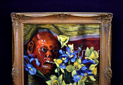E. Gassée 1950s Belgian oil painting still life with red devil mask, blue irises, yellow daffodils in ornate gold baroque frame