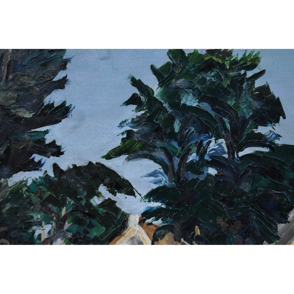 Detail view of Breton village buildings French landscape painting
