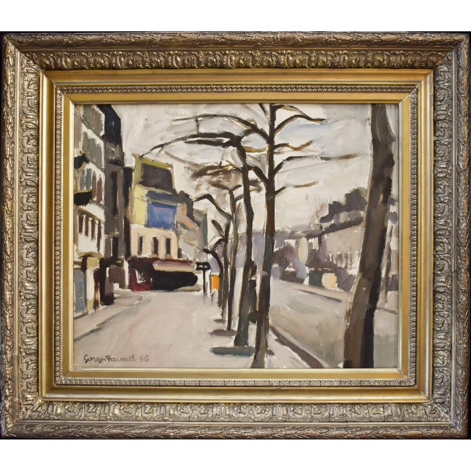 Georges Pacouil oil painting depicting a Paris Sstreet in winter  Winckelmann Gallery