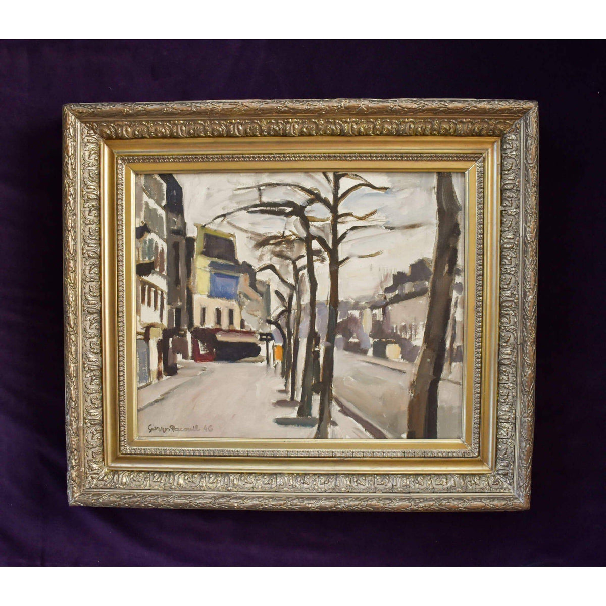 Georges Pacouil oil painting depicting a Paris Sstreet in winter  Winckelmann Gallery