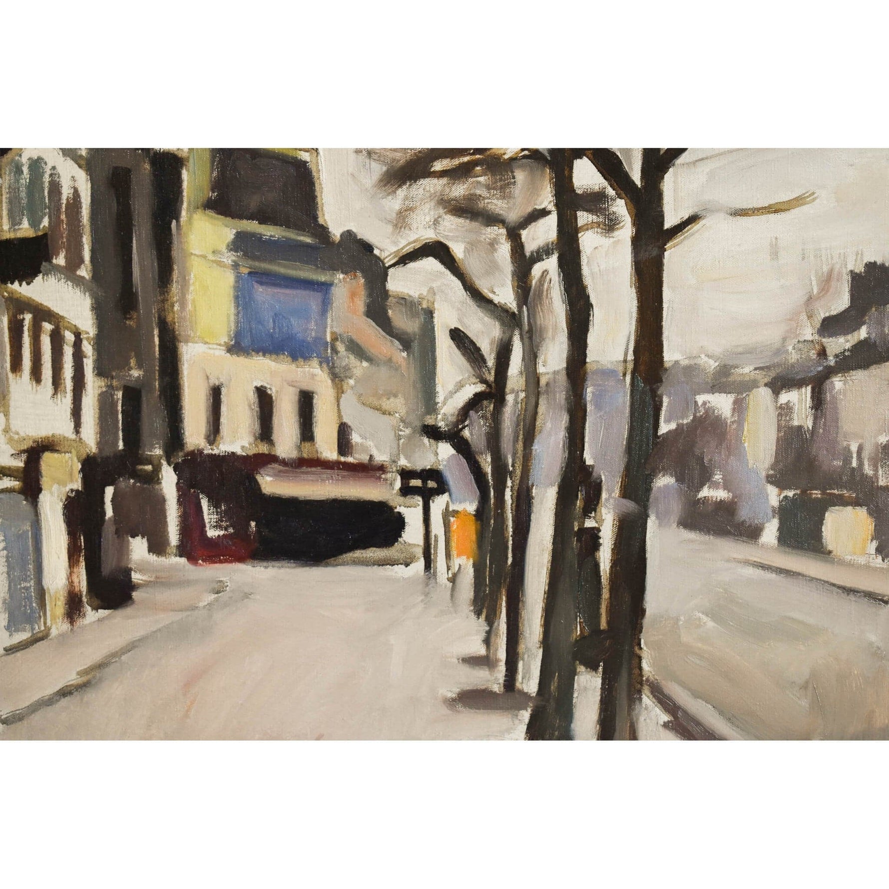 Georges Pacouil oil painting depicting a Paris Sstreet in winter  Winckelmann Gallery