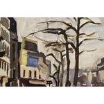 Vintage post-impresionist oil painting depicting a Paris street in winter by Georges Pacouil, for sale at Winckelmann Gallery