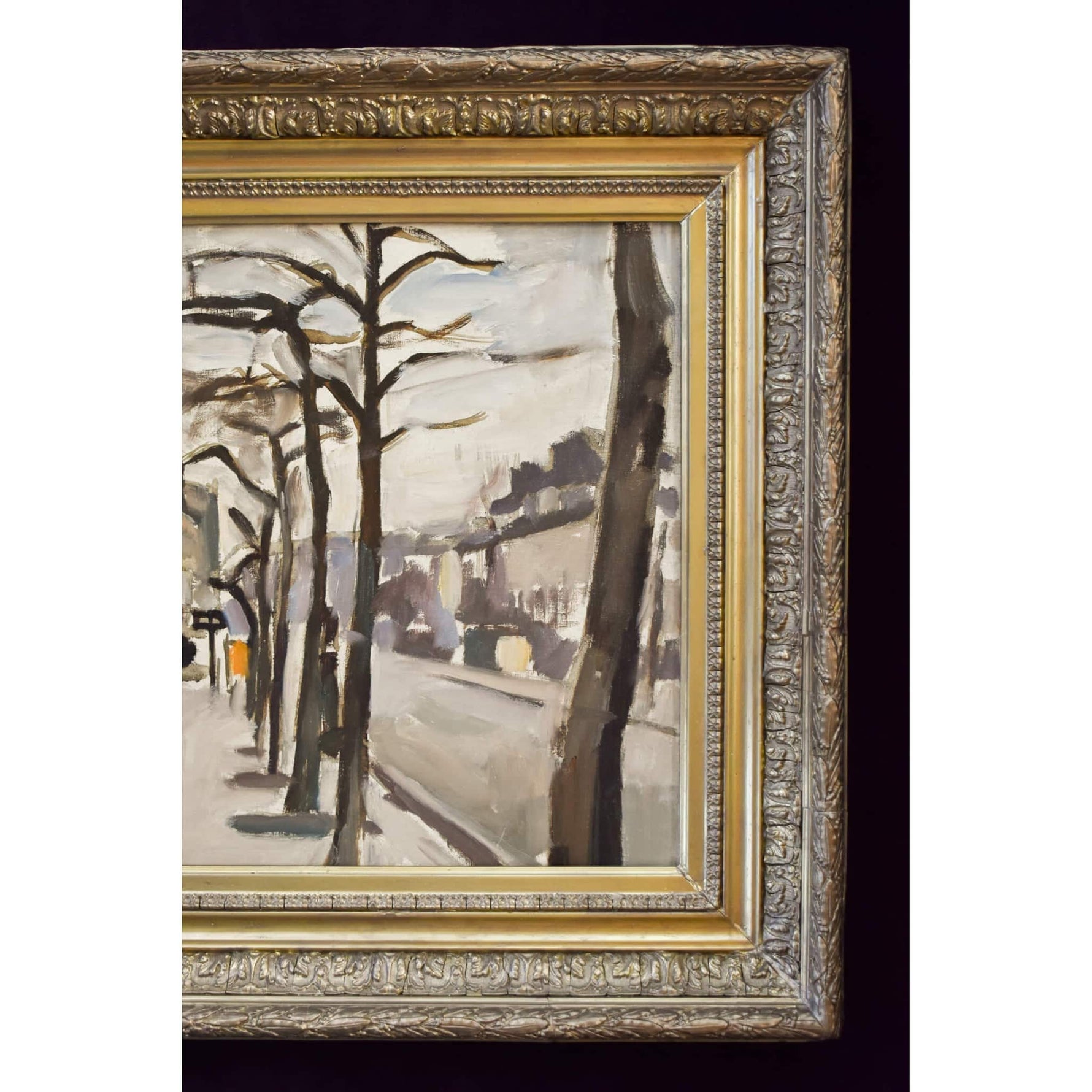 Georges Pacouil oil painting depicting a Paris Sstreet in winter  Winckelmann Gallery