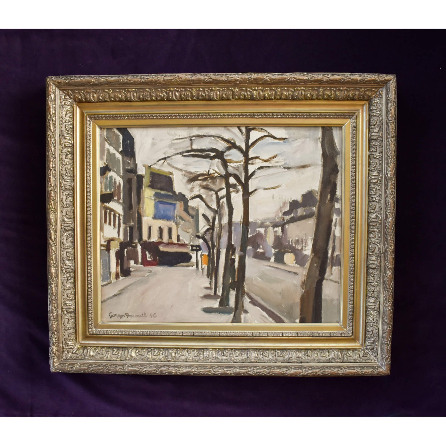Vintage post-impresionist oil painting depicting a Paris street in winter by Georges Pacouil, for sale at Winckelmann Gallery