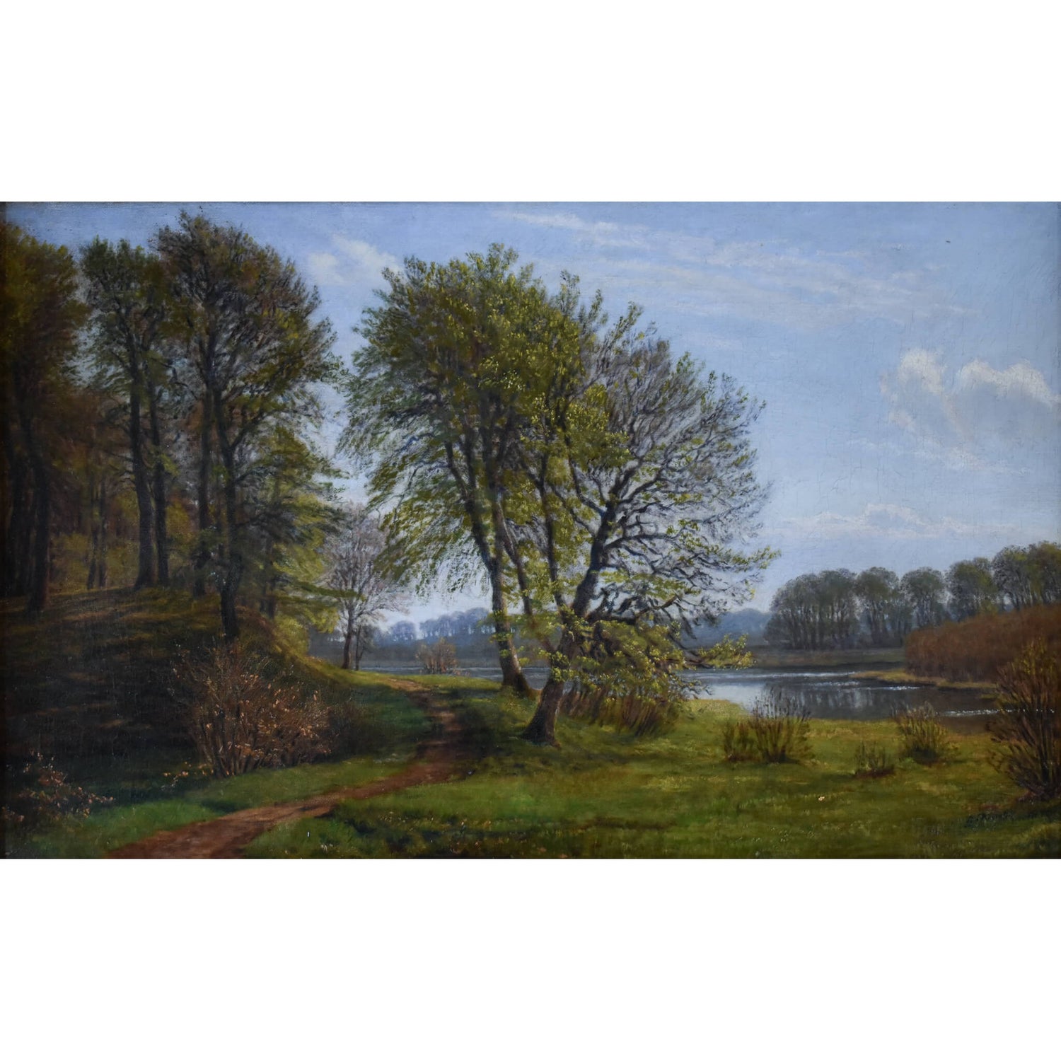 Late 19th century oil painting by Danish artist Godtfred Rump depicting a river landscape for sale at Winckelmann Gallery