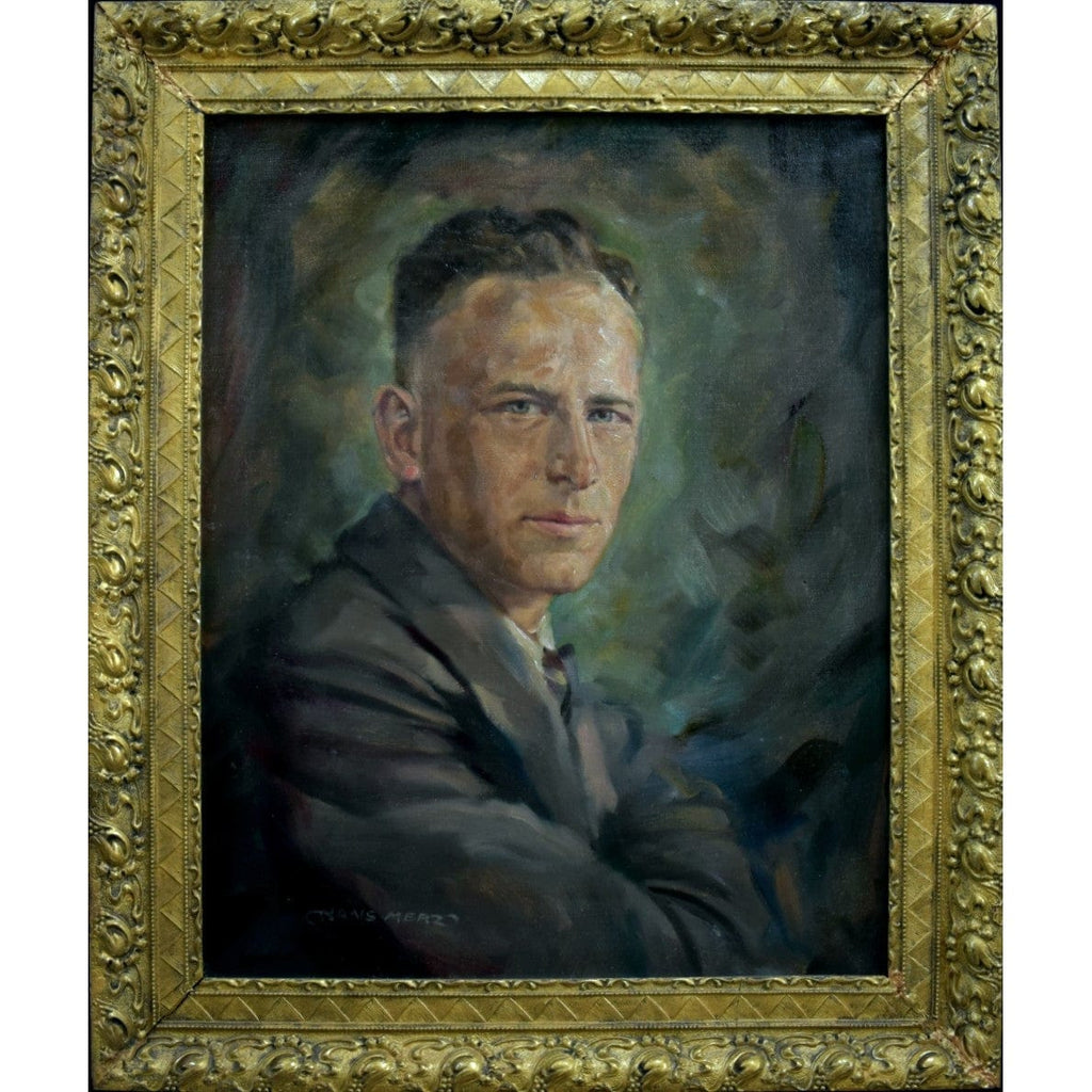 Hans Merz 1940s oil portrait of man in ornate gilded baroque frame
