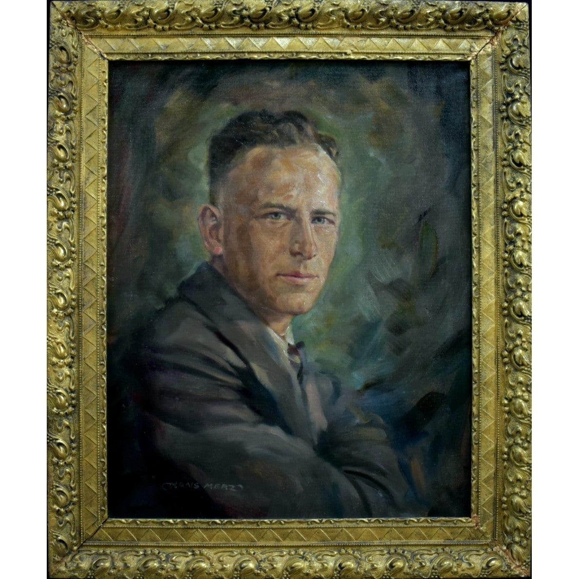 Hans Merz 1940s oil male portrait painting in ornate gold baroque frame, vintage European artwork, original canvas