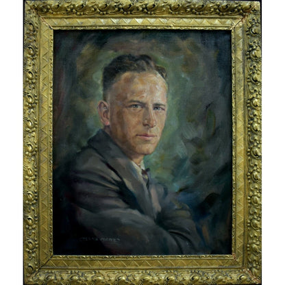 Hans Merz 1940s oil male portrait painting in ornate gold baroque frame, vintage European artwork, original canvas