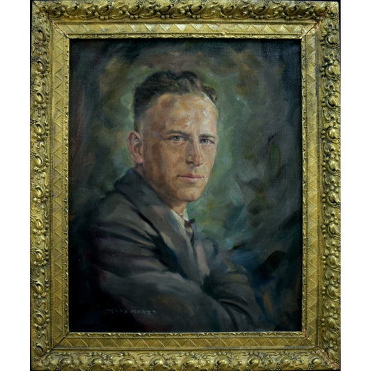 Hans Merz 1940s oil male portrait painting in ornate gold baroque frame, vintage European artwork, original canvas