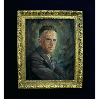 Hans Merz 1940s oil male portrait painting in ornate gold baroque frame, vintage European artwork, original canvas