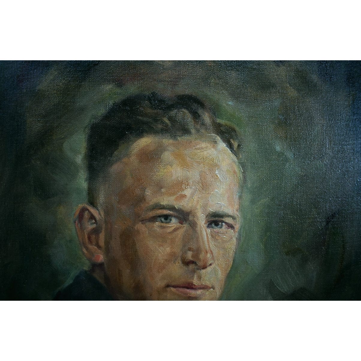 Detail view of brushwork and color technique Hans Merz oil portrait
