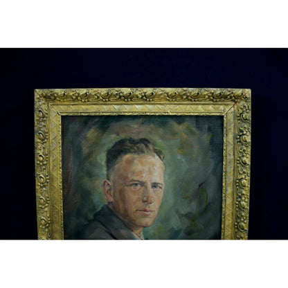 Hans Merz 1940s oil male portrait painting in ornate gold baroque frame, vintage European artwork, original canvas