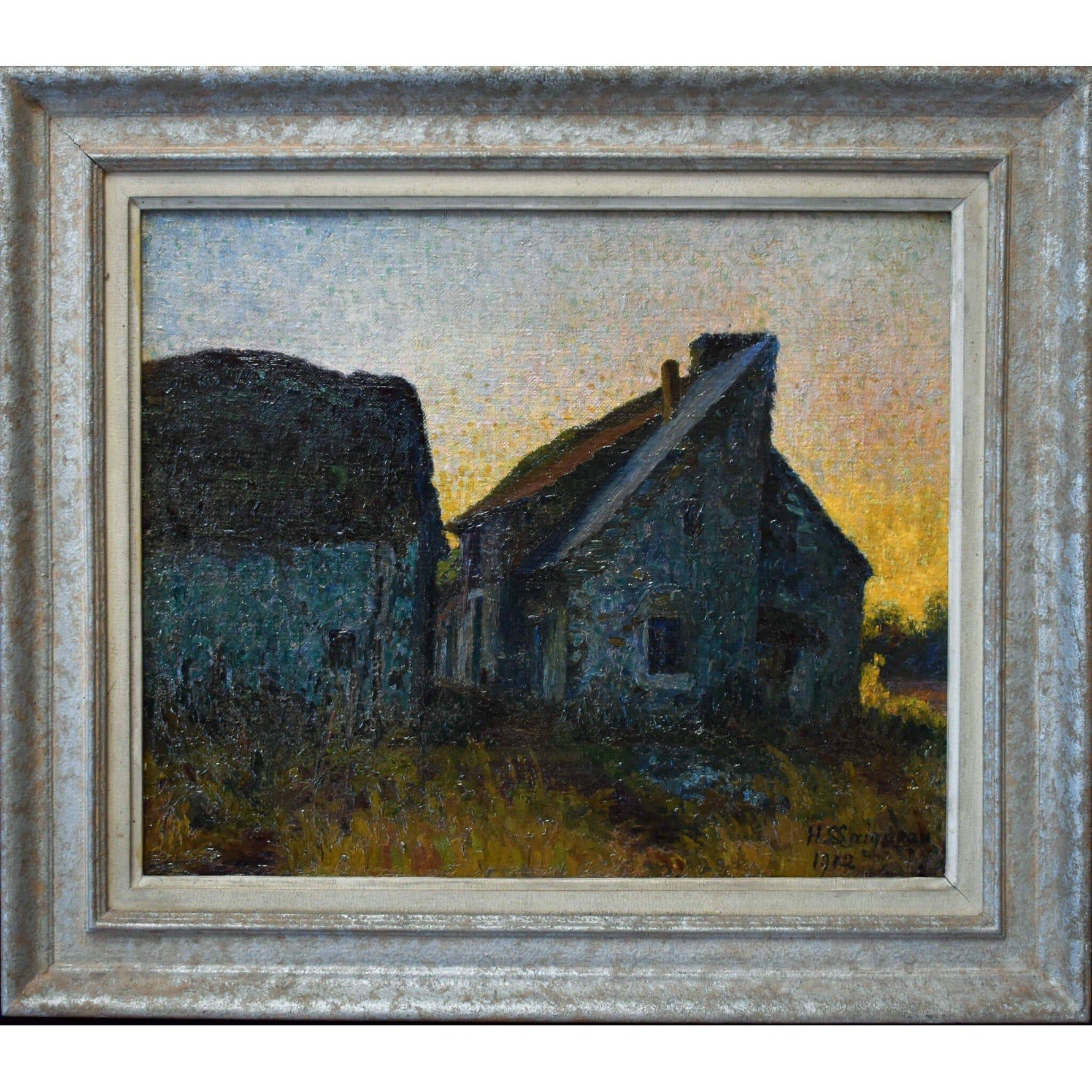 Henri Laigneau oil painting depicting a farm at sunset Winckelmann Gallery