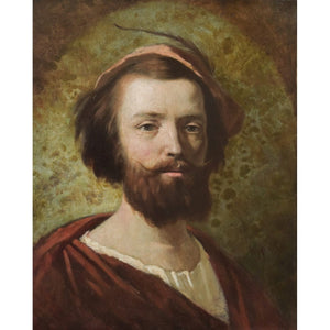 1865 oil painting of a bearded man in medieval attire by Hippolyte Bellangé, signed antique French portrait artwork