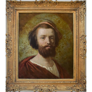 1865 oil painting of a bearded man in medieval attire by Hippolyte Bellangé, signed antique French portrait artwork