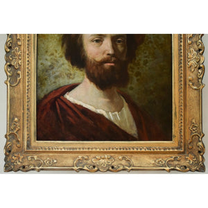 1865 oil painting of a bearded man in medieval attire by Hippolyte Bellangé, signed antique French portrait artwork