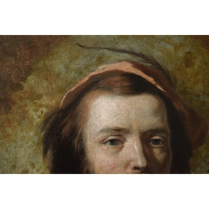 1865 oil painting of a bearded man in medieval attire by Hippolyte Bellangé, signed antique French portrait artwork