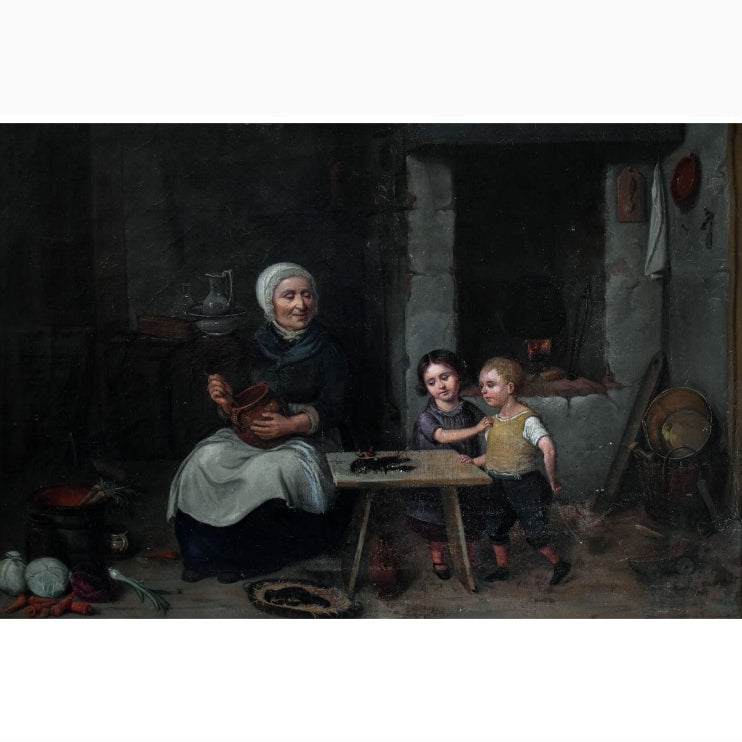 Johan Christoffer Boklund oil painting showing elderly woman with two children.