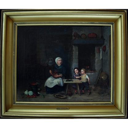 Johan Christoffer Boklund oil painting showing elderly woman in white head covering with two children in rustic kitchen interior, circa 1860, Swedish genre art