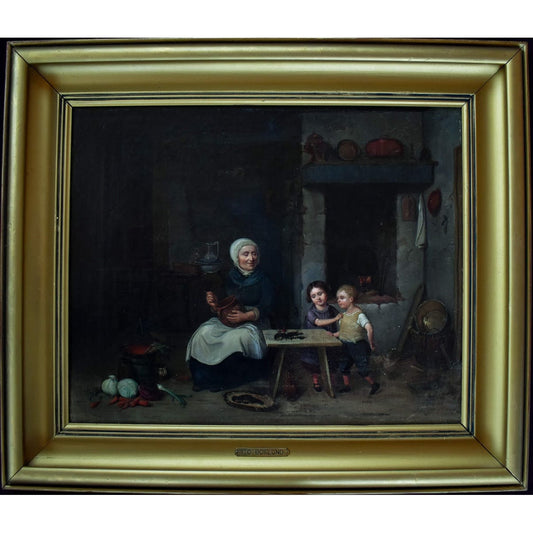 Johan Christoffer Boklund oil painting showing elderly woman in white head covering with two children in rustic kitchen interior, circa 1860, Swedish genre art